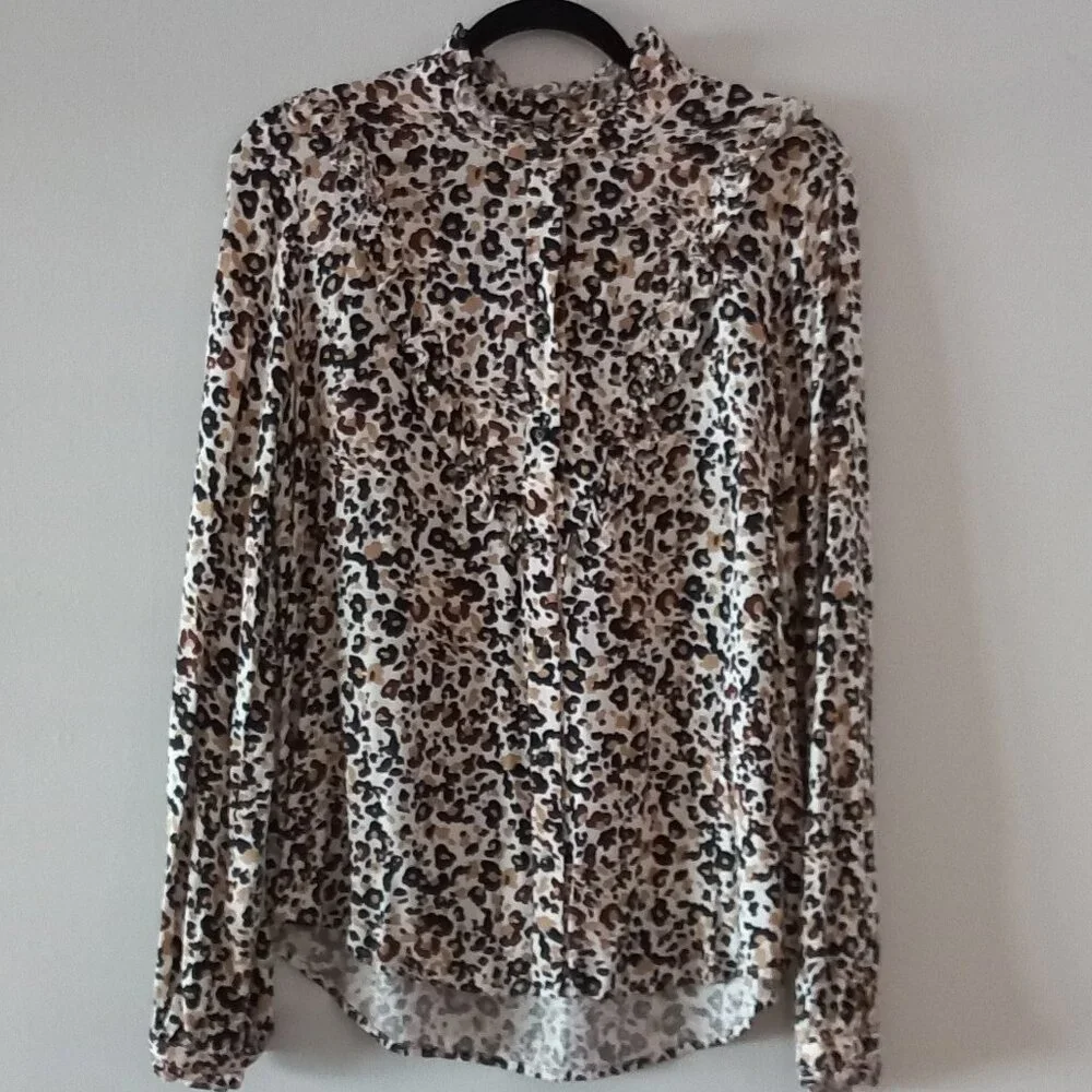 MAEVE Anthropologie Katia leopard print buttondown blouse with ruffles size 12 - Picture 2 of 15